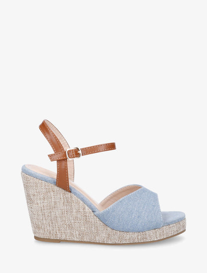 Sandales compensées en tissu effet jean - Bleu - 5