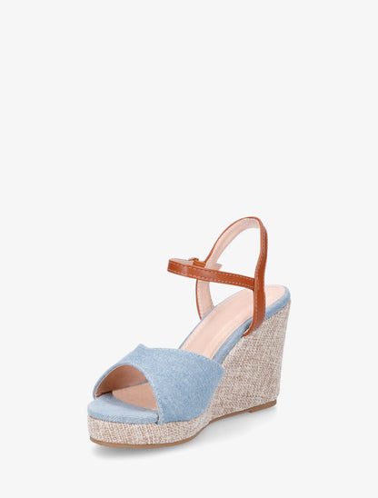 Sandales compensées en tissu effet jean - Bleu - 3