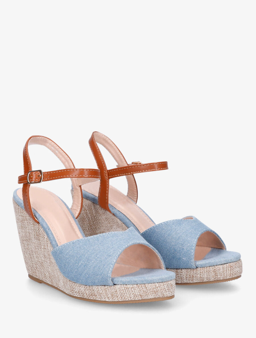 Sandales compensées en tissu effet jean - Bleu - 4