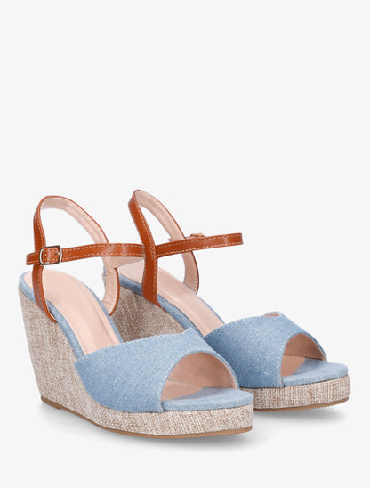 Sandales compensées en tissu effet jean - Bleu - 4