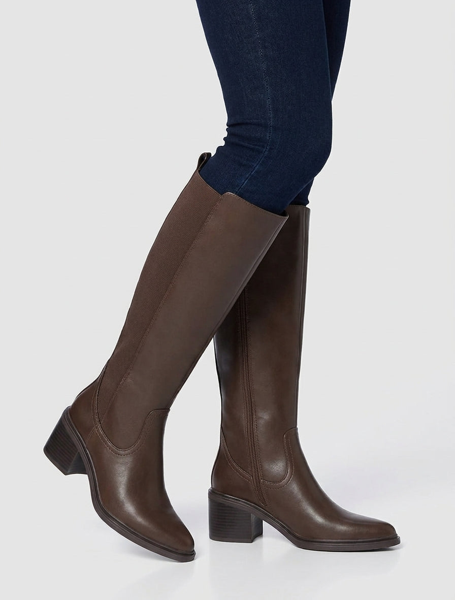 Bottes à talon bloc et zip intérieur - Marron