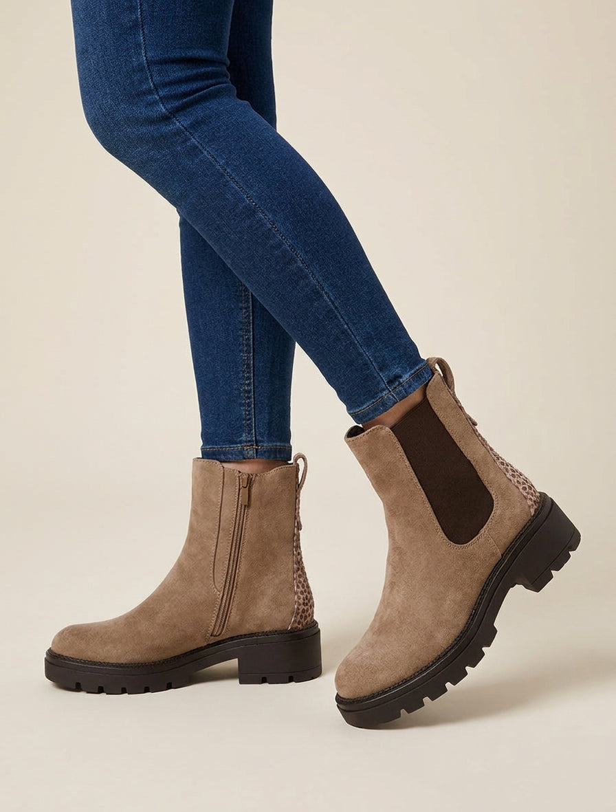 Bottines suédine talon bloc crantée - Taupe