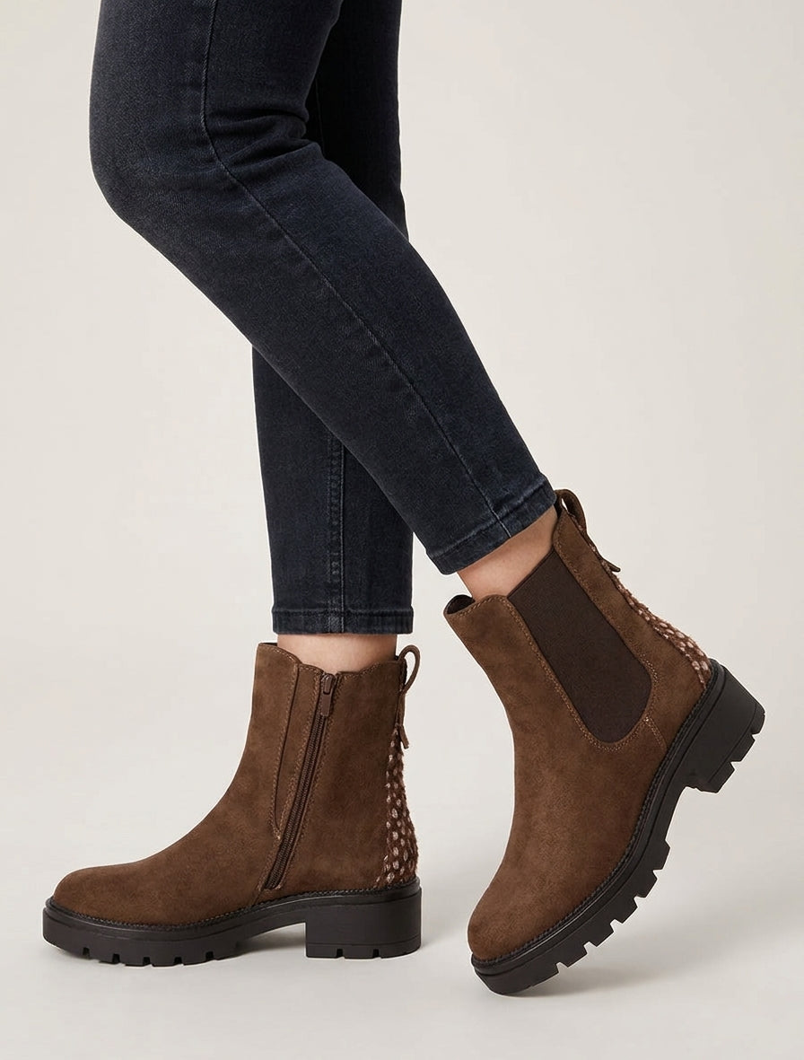 Bottines suédine talon bloc cranté - Marron