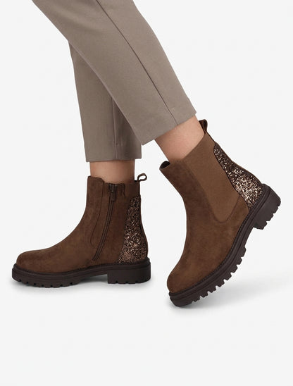 Bottines suédine talon bloc cranté - Marron