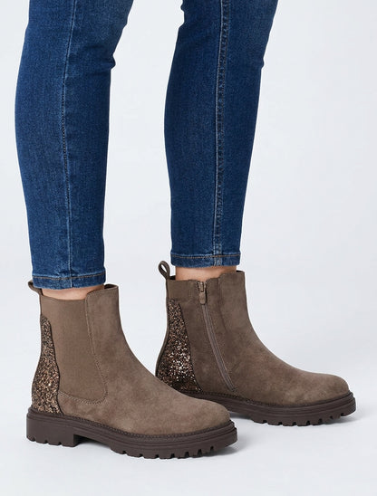 Bottines suédine talon bloc pailleté - Taupe foncé