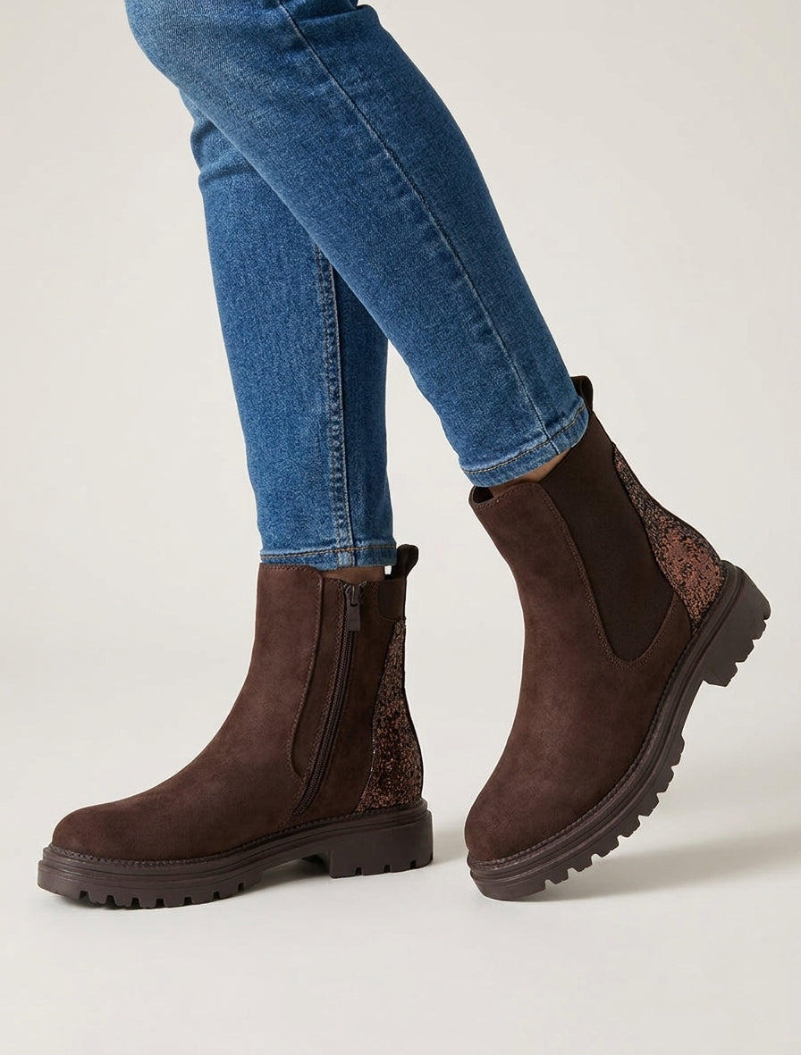 Bottines suédine talon bloc pailleté - Chocolat