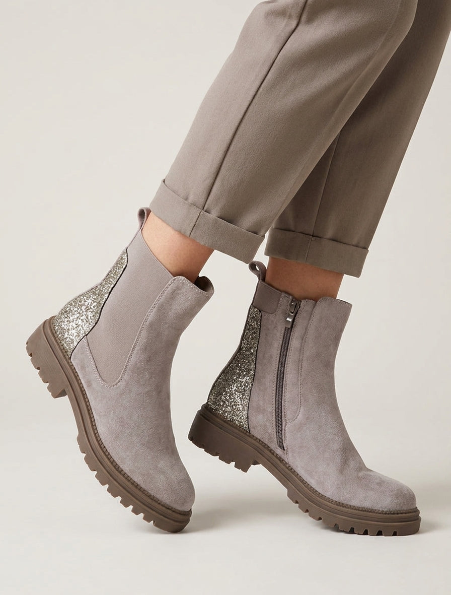 Bottines suédine talon bloc pailleté - Gris clair