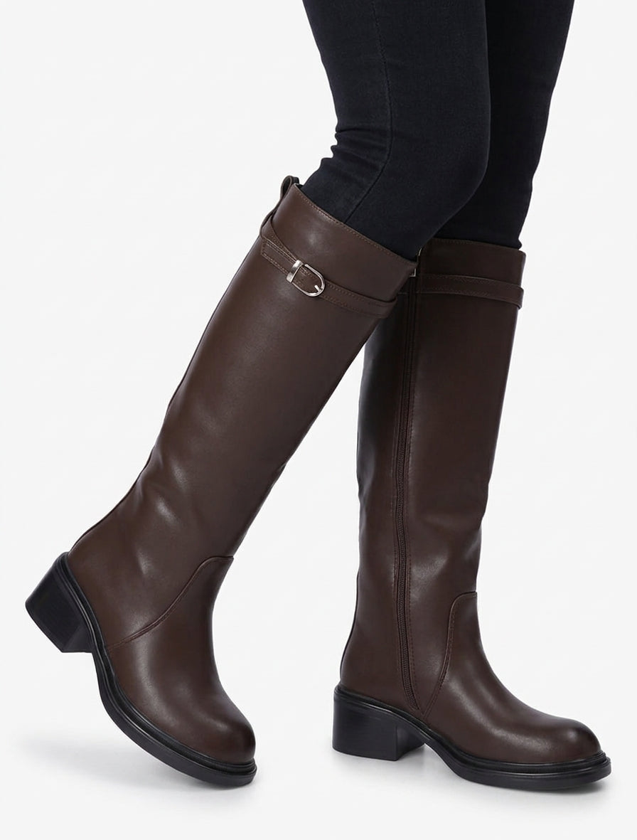 Bottes à talon bloc et boucle - Chocolat