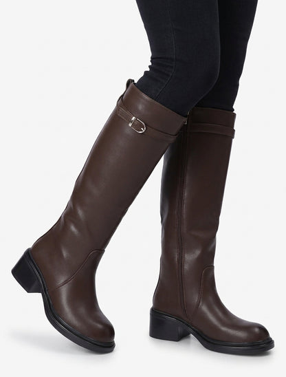 Bottes à talon bloc et boucle - Chocolat