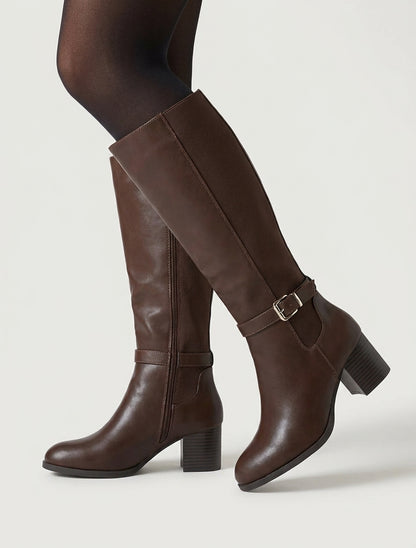 Bottes à talon bloc et zip - Marron
