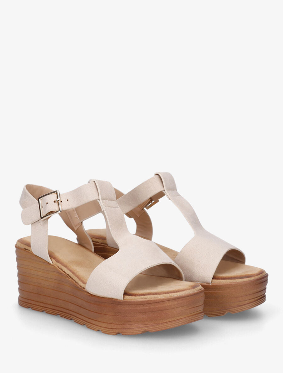 Sandales à talon compensé strié - Beige - 4