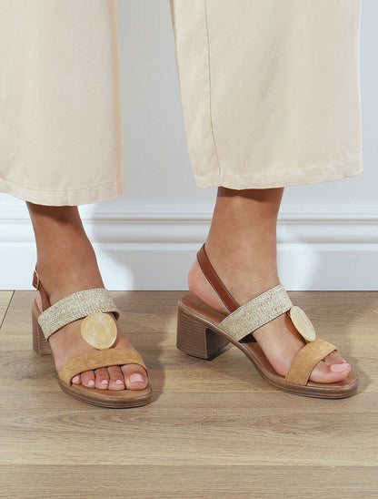 Sandales bi-matière à bijou style marbre - Camel - 1