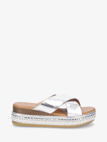 Mules croisées à talon compensé fantaisie - Argent - 1