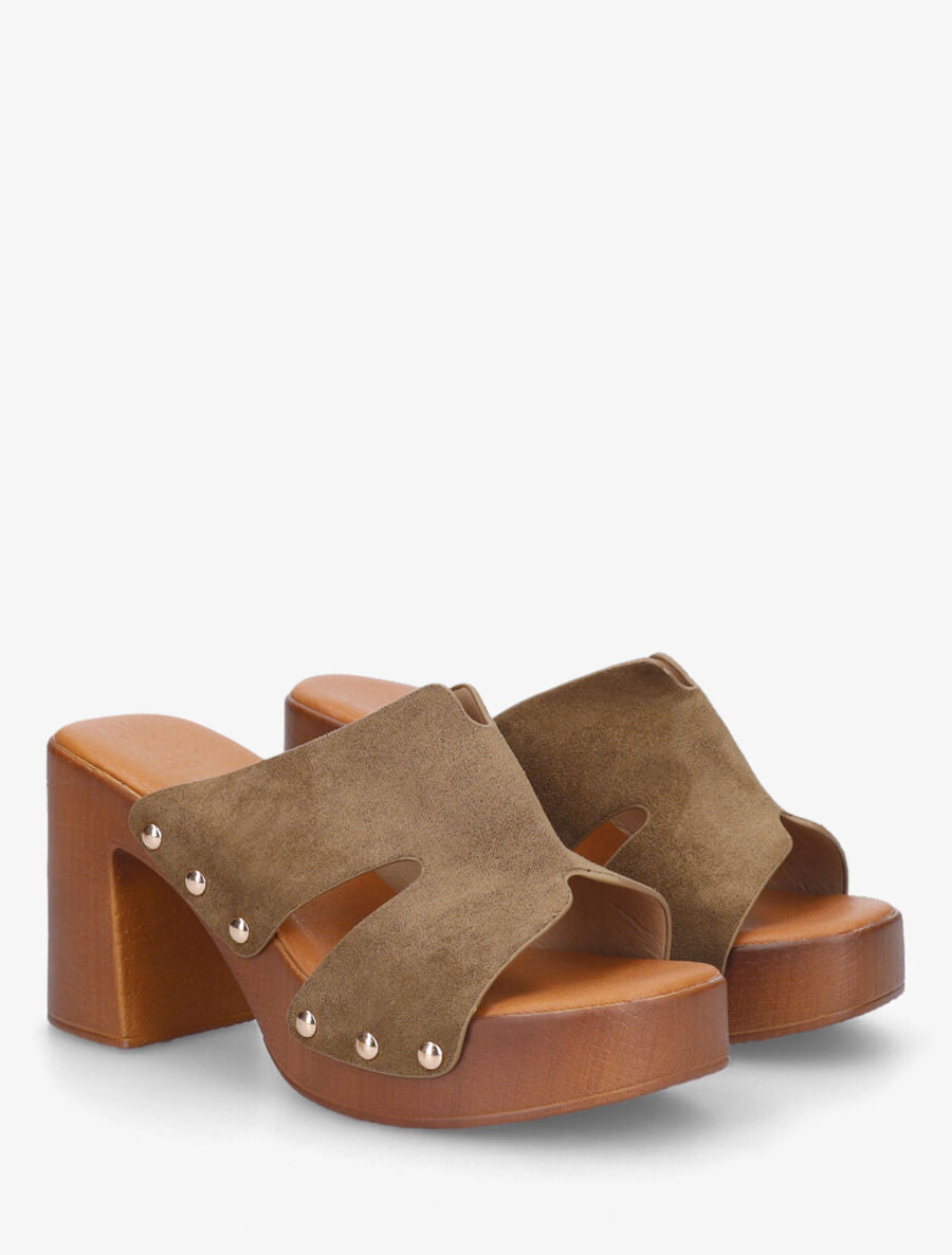 Mules à talon en suédine - Kaki - 4