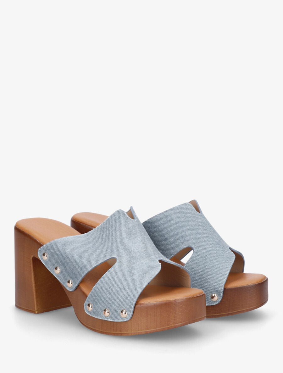 Mules à talon en tissu - Bleu denim - 4