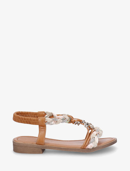 Nu-pieds tressés à bijoux fleurs - Camel - 1