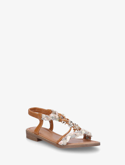Nu-pieds tressés à bijoux fleurs - Camel - 2
