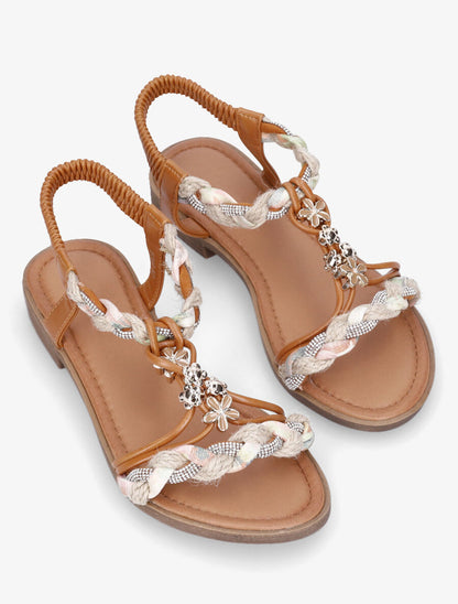 Nu-pieds tressés à bijoux fleurs - Camel - 4