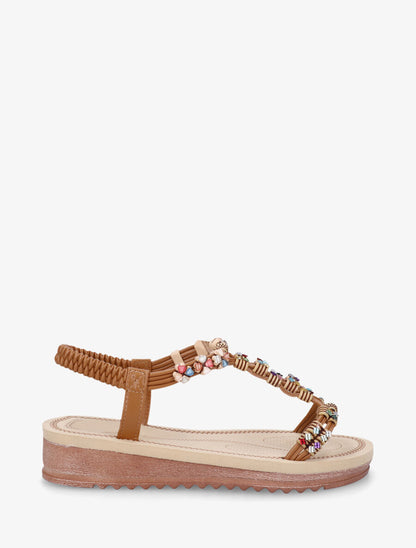 Nu-pieds à bride en T strass et perles - Camel - 5