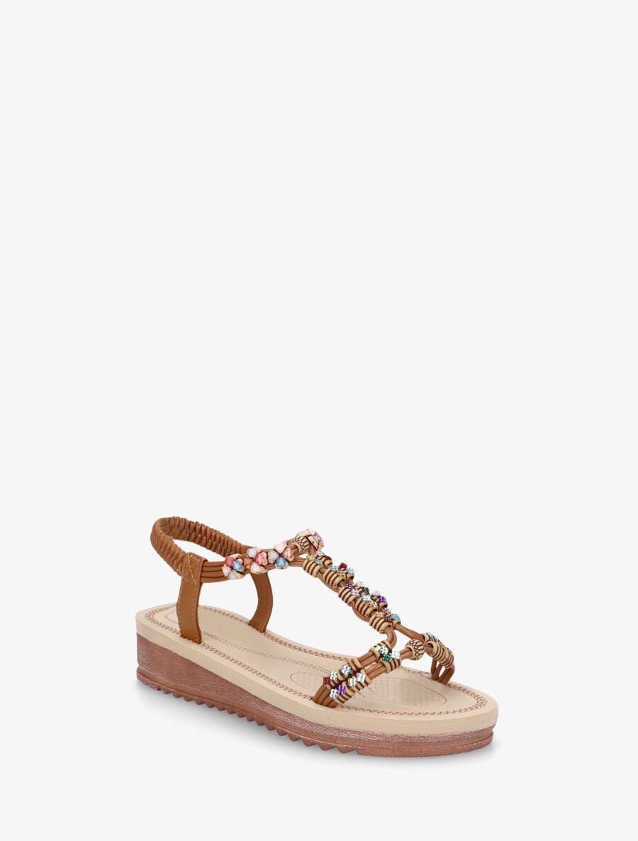 Nu-pieds à bride en T strass et perles - Camel - 2