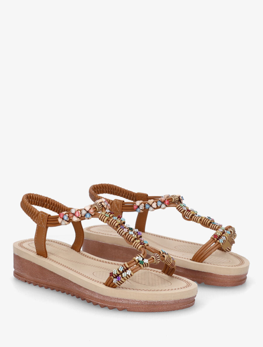 Nu-pieds à bride en T strass et perles - Camel - 4