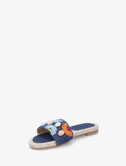 Mules plates perles et coquillages - Bleu foncé - 3