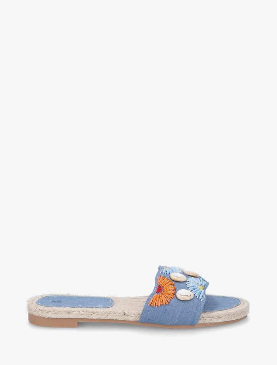 Mules plates perles et coquillages - Bleu clair - 1