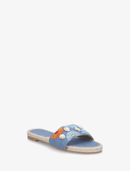 Mules plates perles et coquillages - Bleu clair - 2