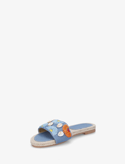 Mules plates perles et coquillages - Bleu clair - 3