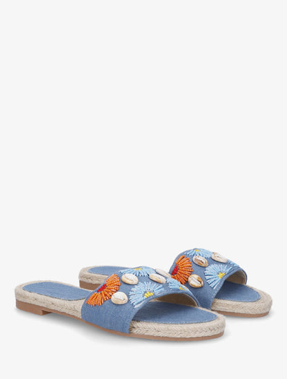 Mules plates perles et coquillages - Bleu clair - 4