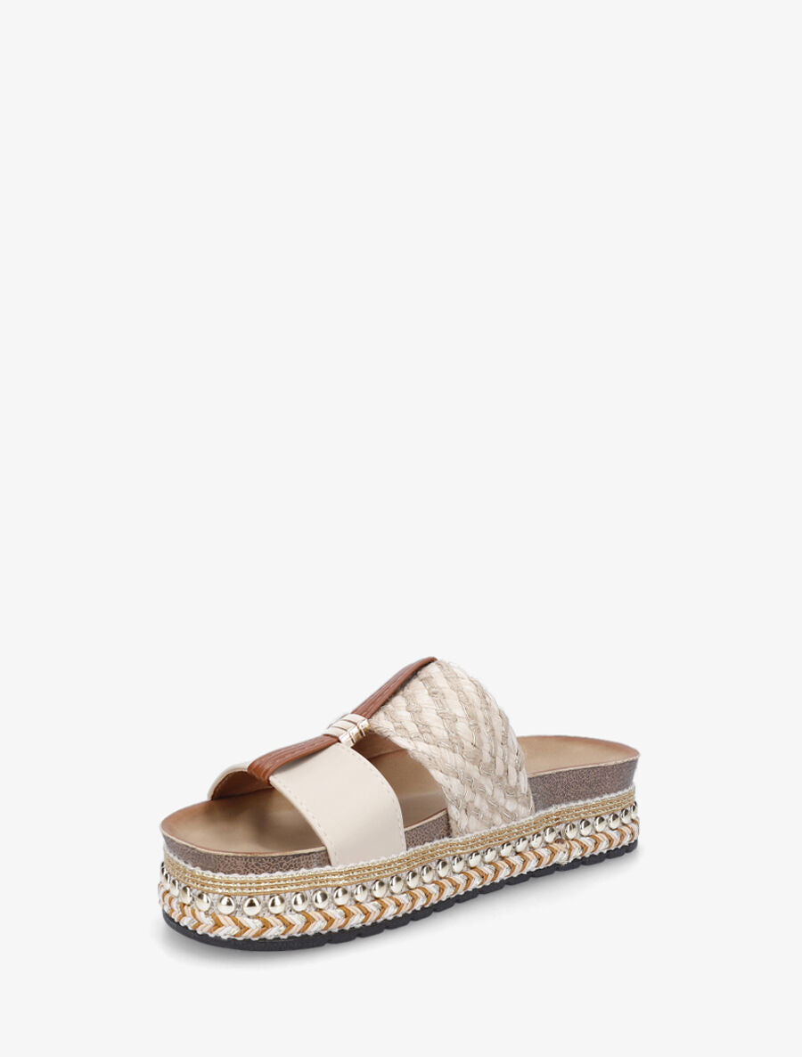 Claquettes raphia et simili à bijou - Beige - 3