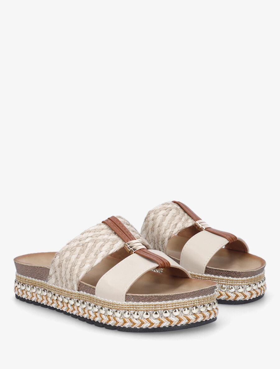 Claquettes raphia et simili à bijou - Beige - 4