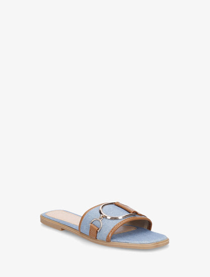 Mules plates bi-matière à boucle - Bleu denim - 2