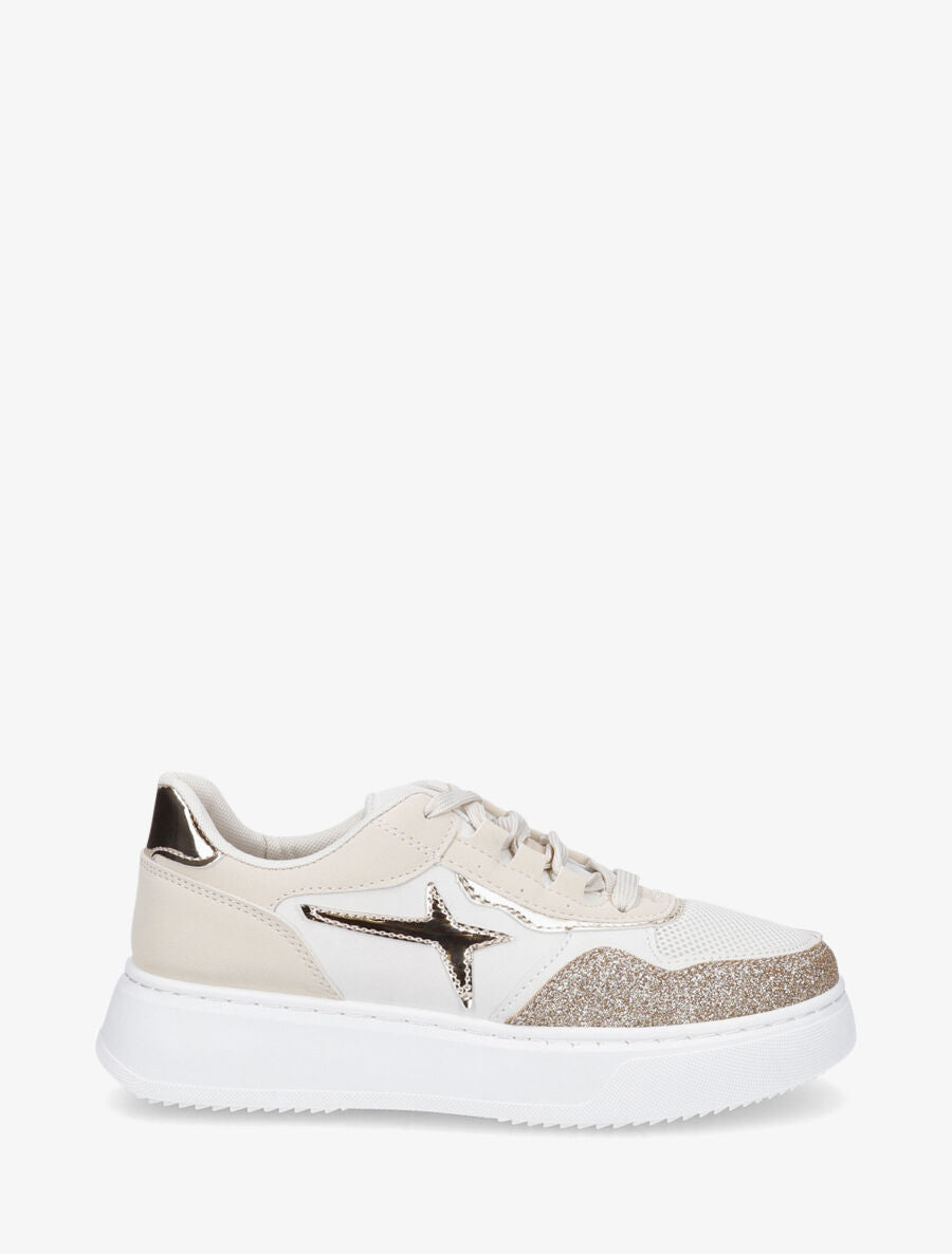Sneakers à plateforme et pailleté - Beige - 1