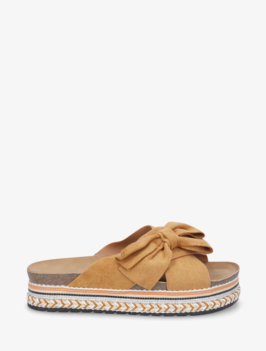 Claquettes en suédine à noeud - Camel - 1