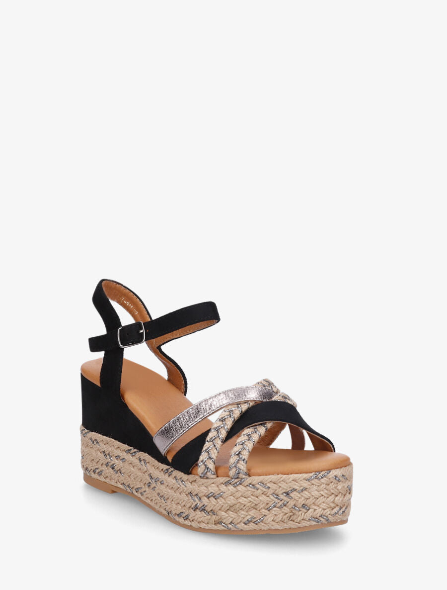 Sandales compensées brides raphia et simili - Noir - 2