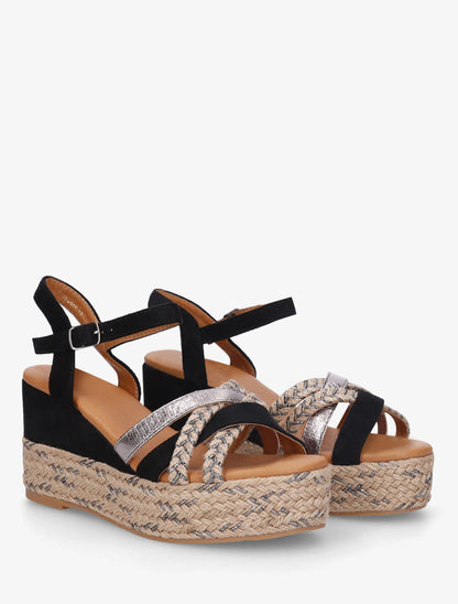 Sandales compensées brides raphia et simili - Noir - 4