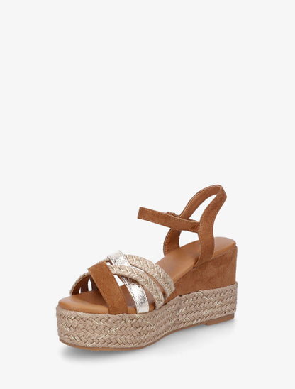 Sandales compensées brides raphia et simili - Camel - 3