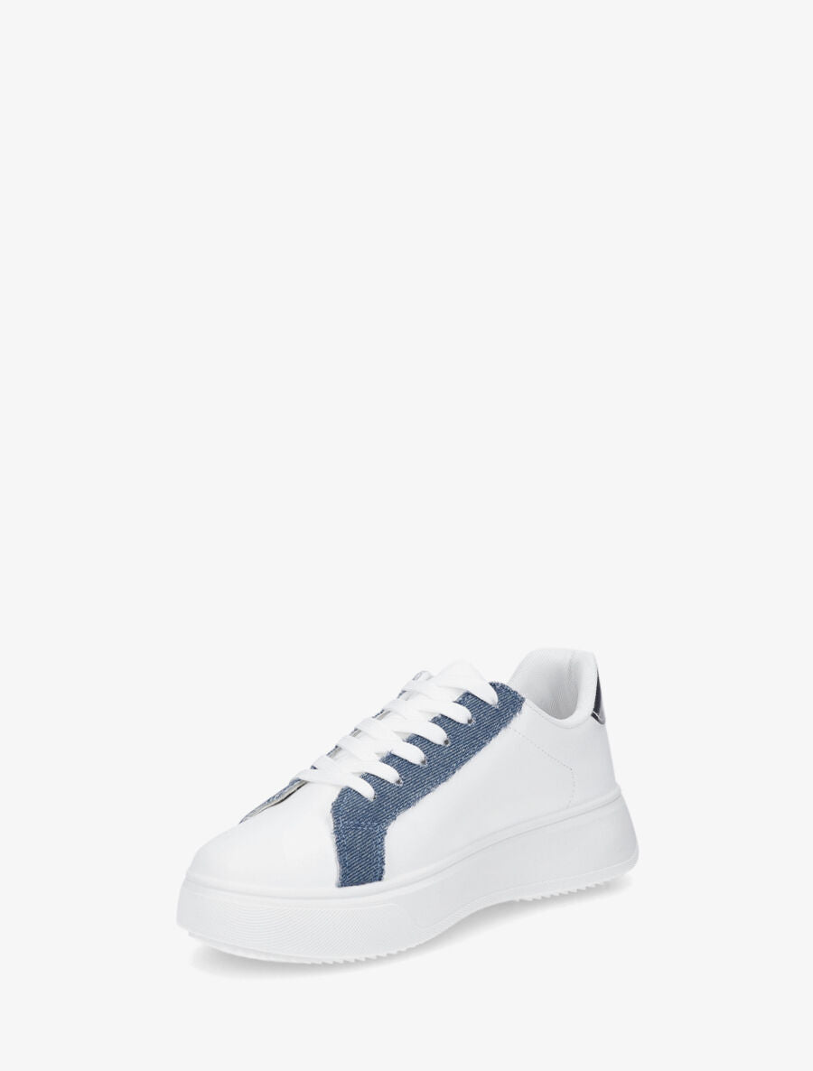 Baskets en simili empiècement fantaisie - Blanc/bleu denim - 3