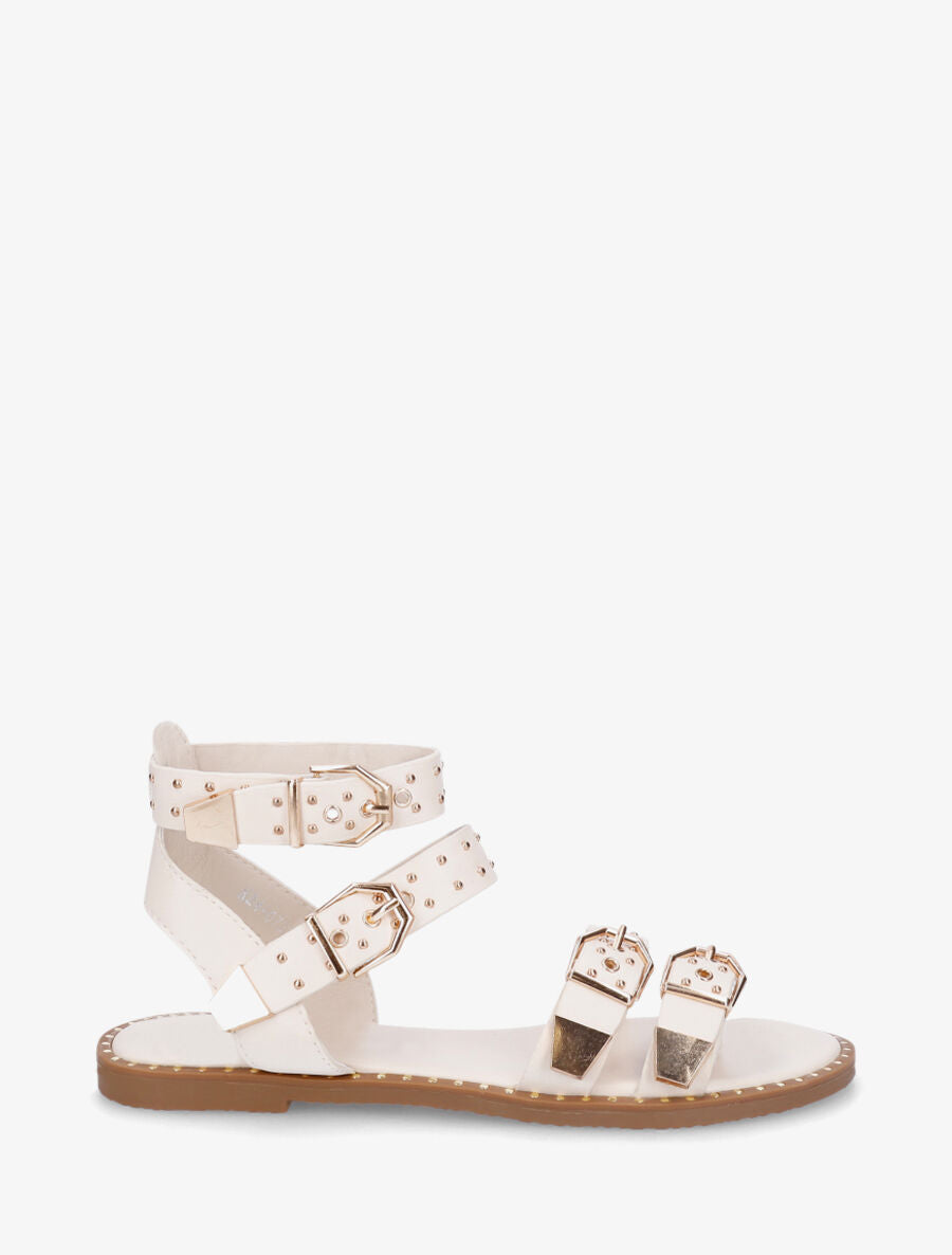 Sandales plates multibrides à clous - Beige - 1