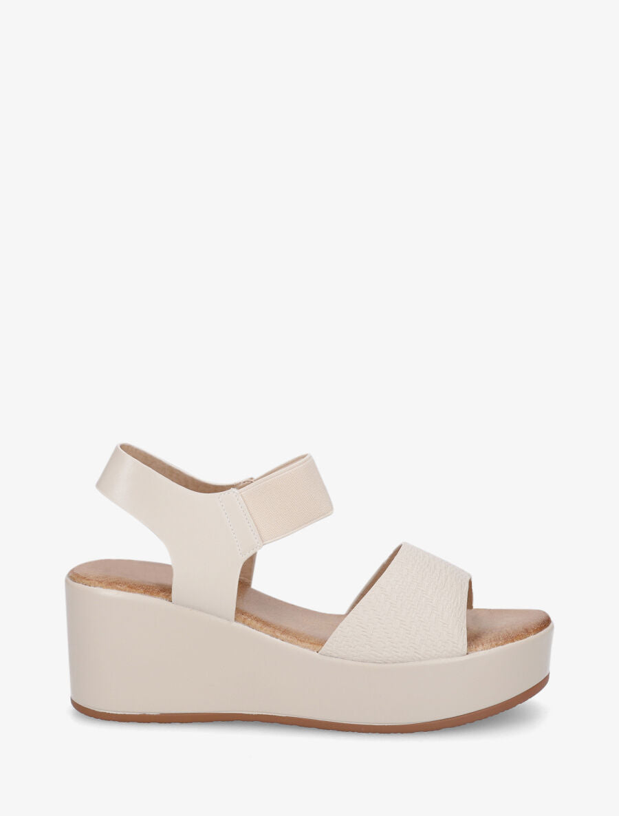 Sandales compensées en simili texturé - Beige - 1
