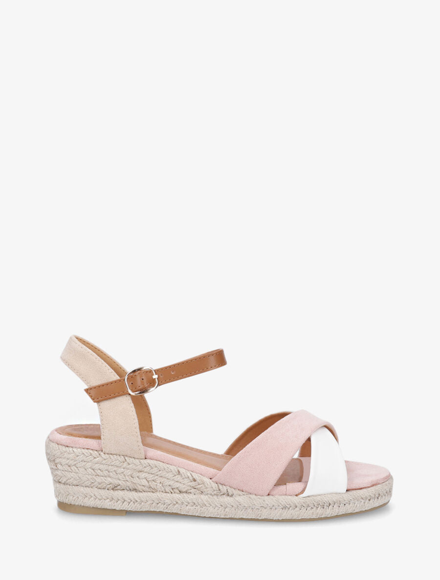 Sandales bi-matière à talon compensé - Rose - 1