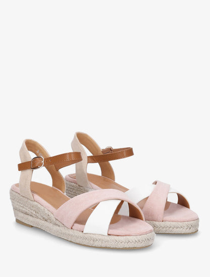 Sandales bi-matière à talon compensé - Rose - 4