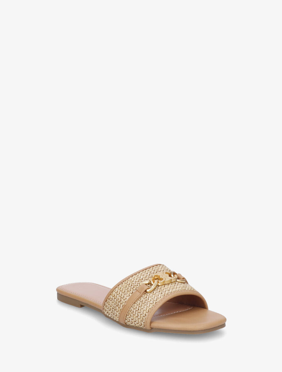 Mules à boucle effet paille tressée - Camel - 2