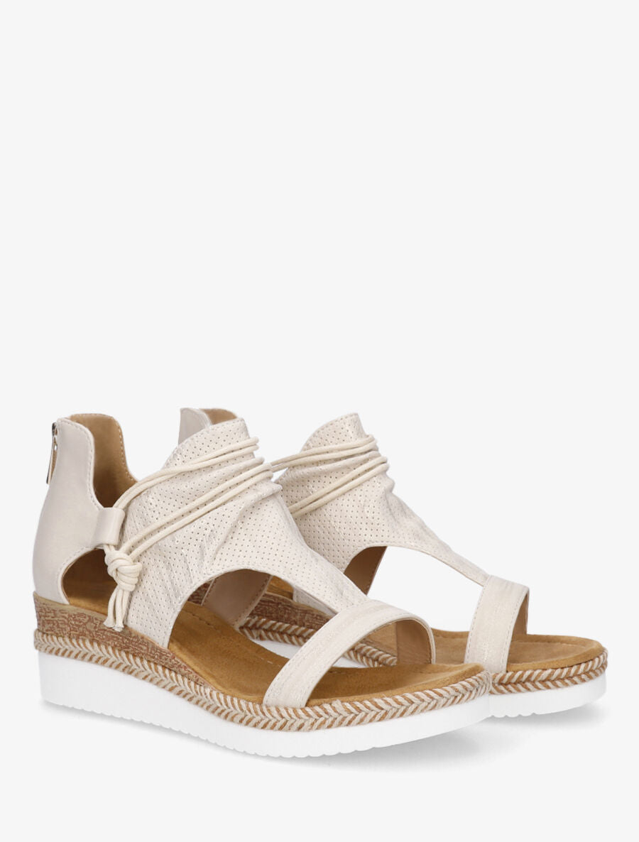 Sandales compensées à liens décoratifs - Beige - 4