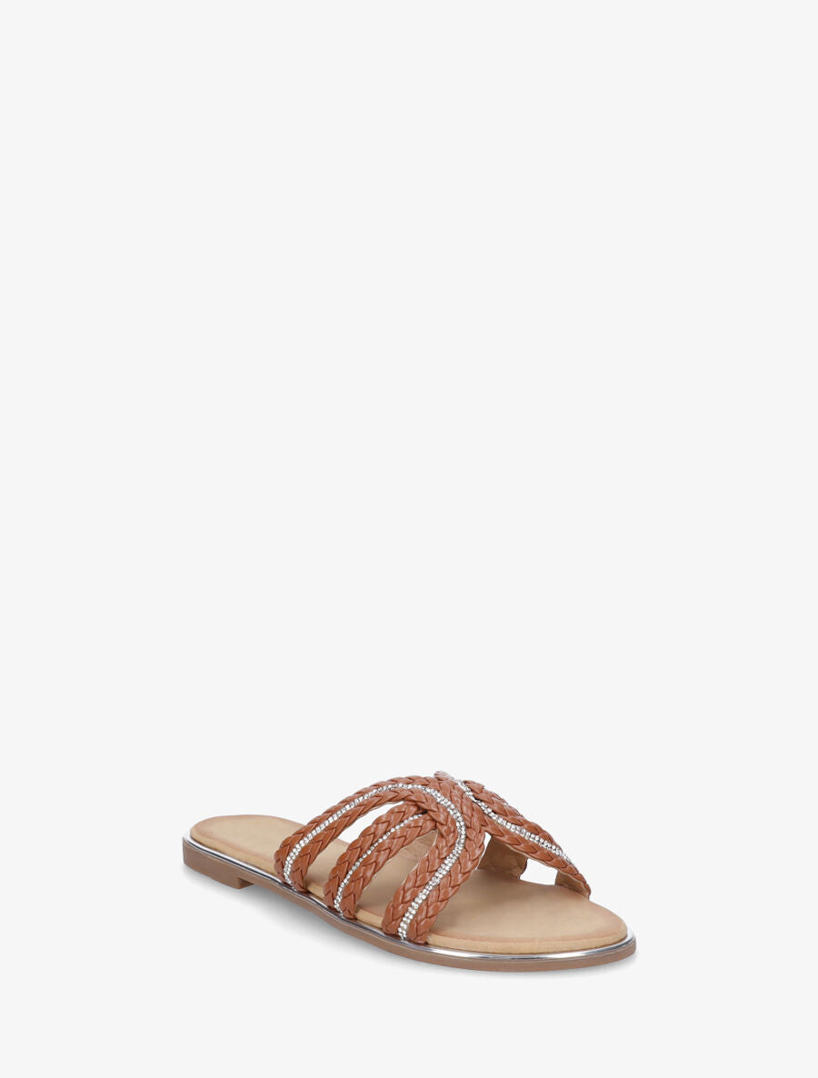 Mules plates tressée à strass - Camel - 2