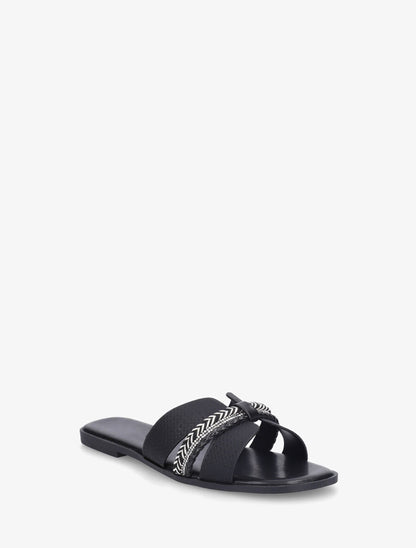 Mules plates à bride style noeud à strass - Noir - 2
