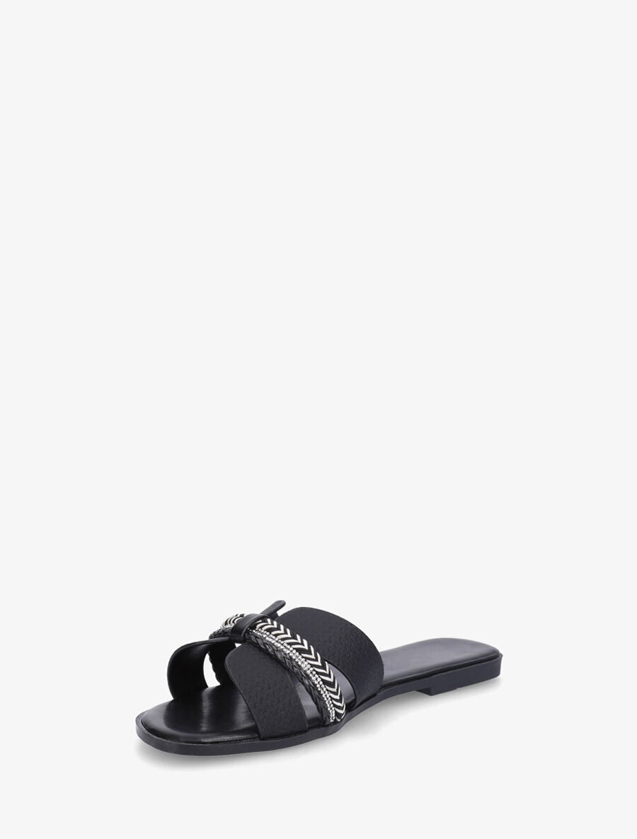 Mules plates à bride style noeud à strass - Noir - 3