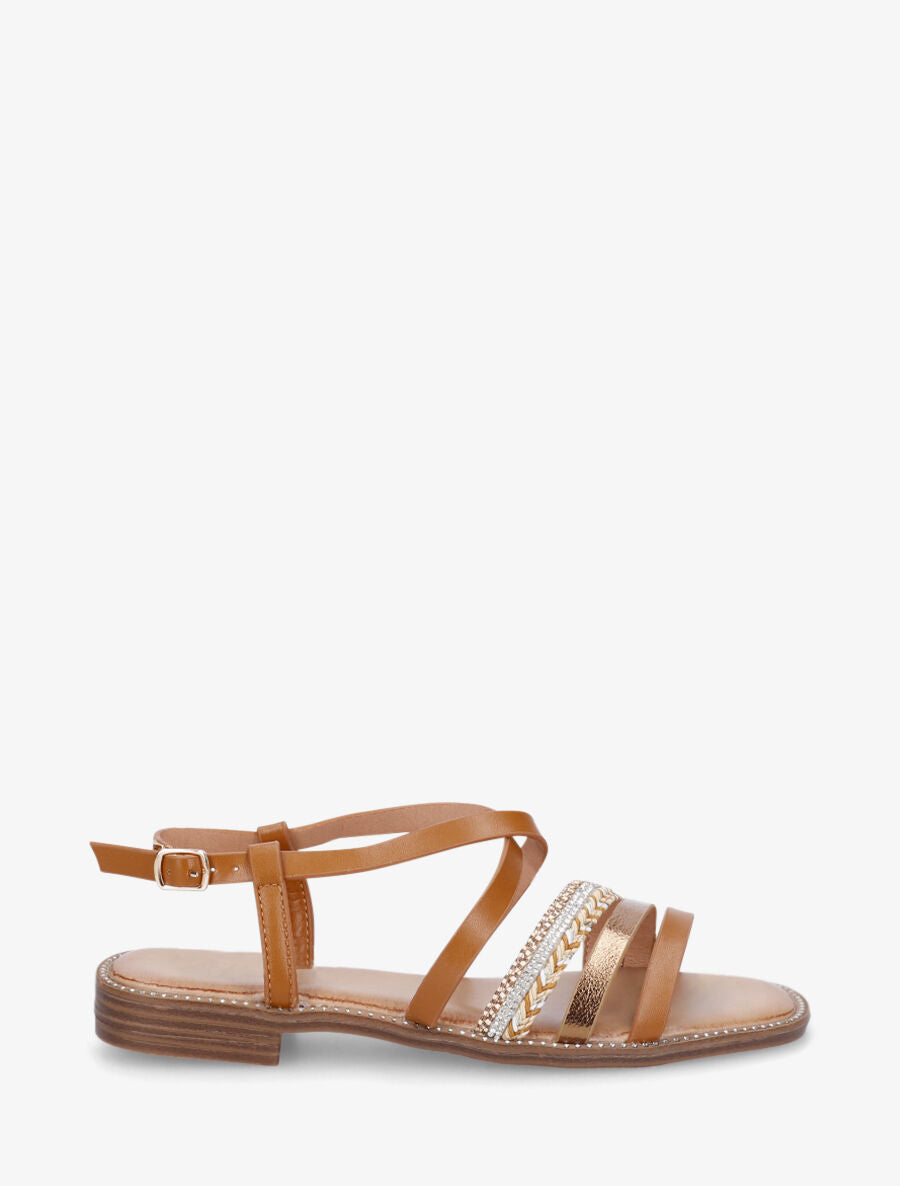Nu-pieds à tresse et strass - Camel - 1