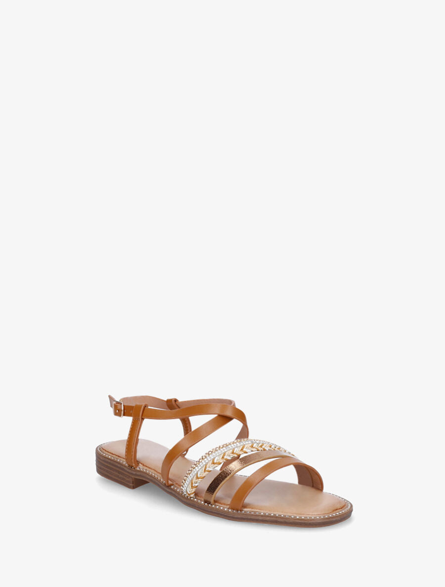 Nu-pieds à tresse et strass - Camel - 2